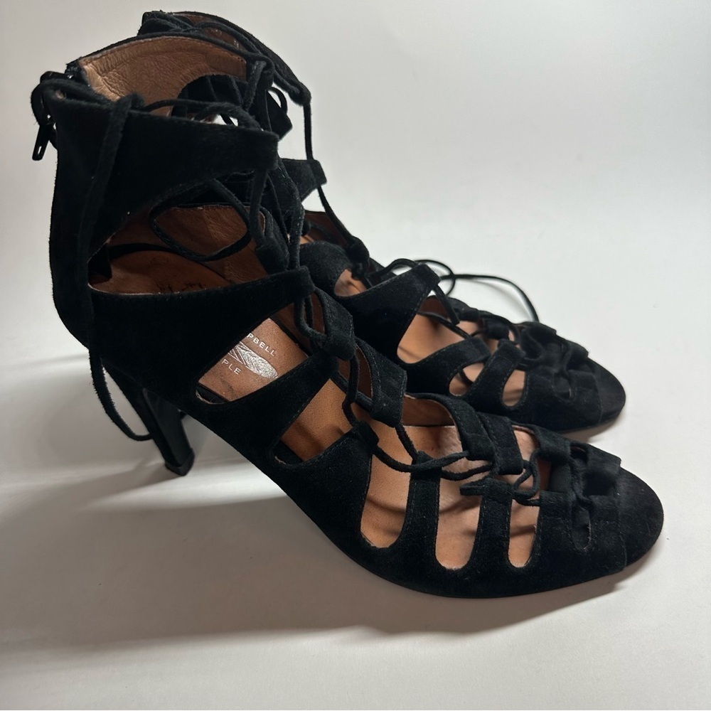 Jeffrey Campbell Free People Satine Black Suede Lace-Up Heels Sandal 6.5 Strappy - Picture 4 of 13